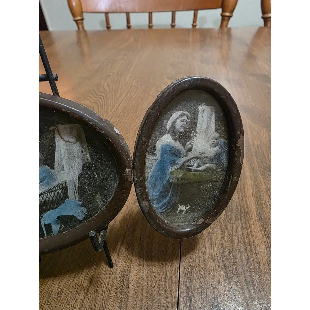 Antique 1928 Triptych Oval Photo Frame Mother and Child Hand Tinted 8.25 Inch